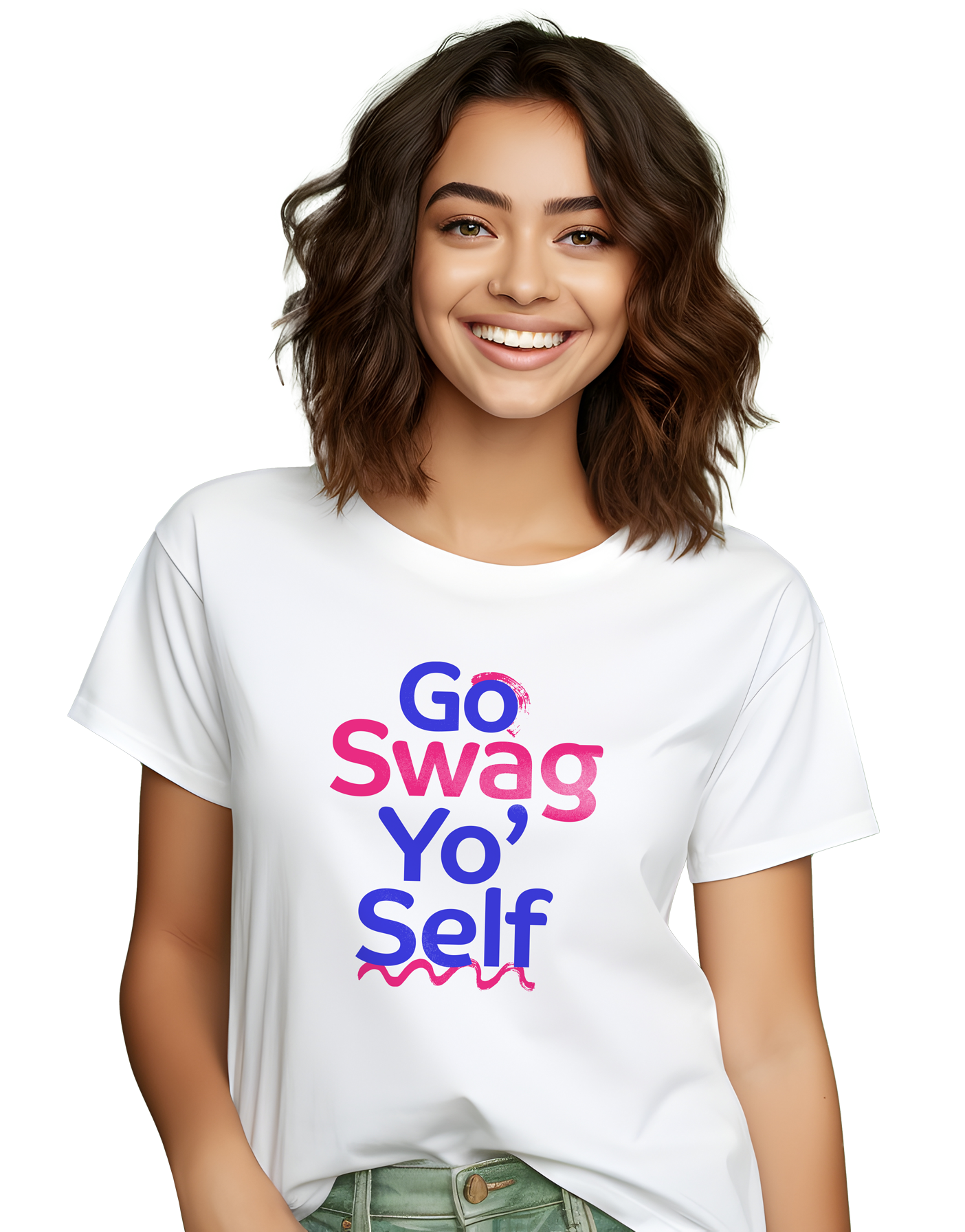 Woman wearing white t-shirt with Go Swag Yo' Self written on it