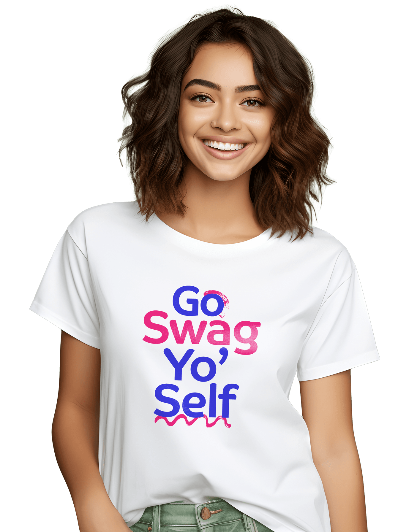 Woman wearing white t-shirt with Go Swag Yo' Self written on it